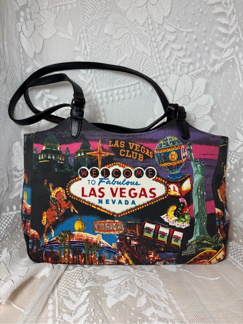 Las Vegas Print Canvas Shoulder Bag with Black Trim